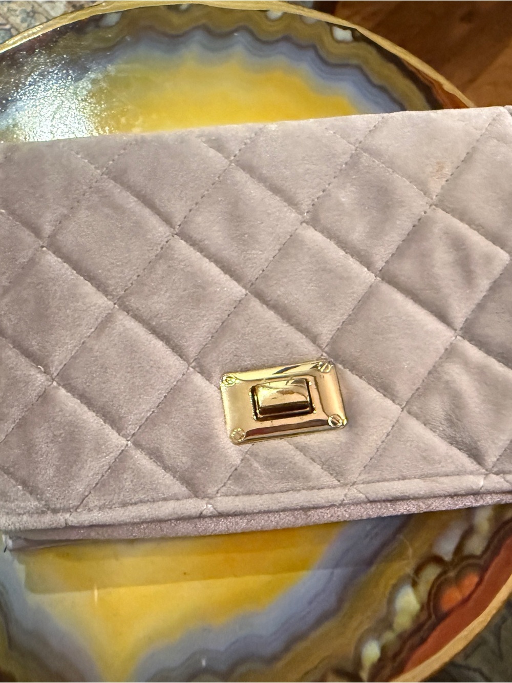 Quilted Velvet crossbody in Light Lavender with Gold Turn-Lock & Gold Chain
